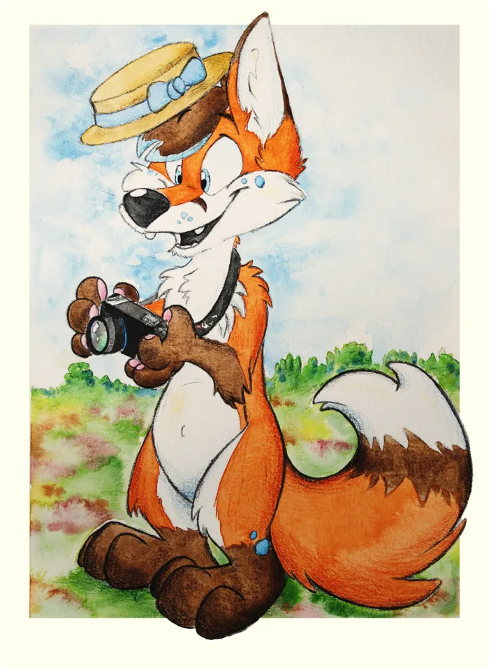 Aquarelle illustration of Vulpy with camera