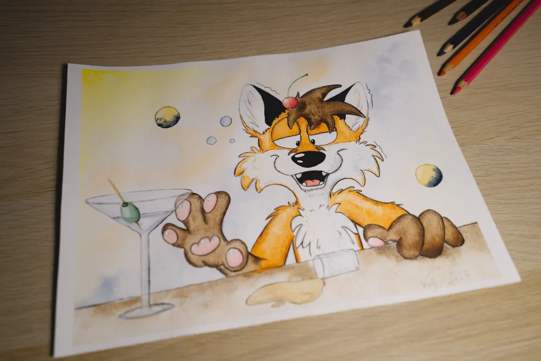Aquarelle illustration of drunk fox